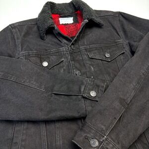 Sherpa-Lined Black Denim Oversized Trucker Jacket Unisex S- Cozy Y2K Winter‎